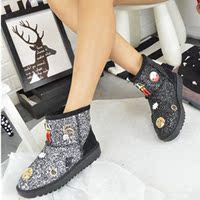 韩版冬季新款雪地靴女亮片金属挂件短筒防滑加厚短靴棉鞋女靴子
