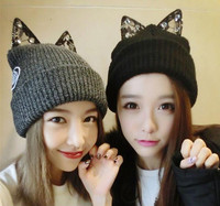 韩国冬季新款蕾丝可爱猫耳朵针织帽毛线帽子女韩版潮尖尖加厚保暖