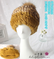 秋冬新款超大貉子毛球女士兔毛帽子豹纹拼色皮草帽子针织毛线帽子