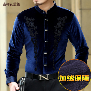 男装冬季新款韩国进口金丝绒长袖保暖衬衫男土加绒加厚立领花衬衣