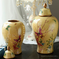 欧式古典将军罐装饰罐 漆器描金蝴蝶陶瓷收纳/储物摆件工艺品