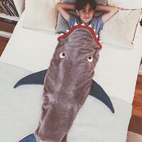 可爱鲨鱼睡袋法兰绒毯子浴袍抱毯抱被秋冬儿童防踢被