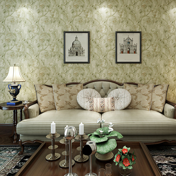 复古做旧新古典美式客厅卧室满铺莨苕叶无纺布墙纸电视背景墙壁纸