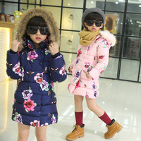 儿童装冬季新款中大女童加厚棉服中长款女童棉衣中国风花朵连帽服