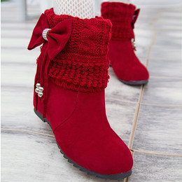 2015秋冬新款甜美蝴蝶结中小学生女童冬鞋红的短靴女内增高流苏靴