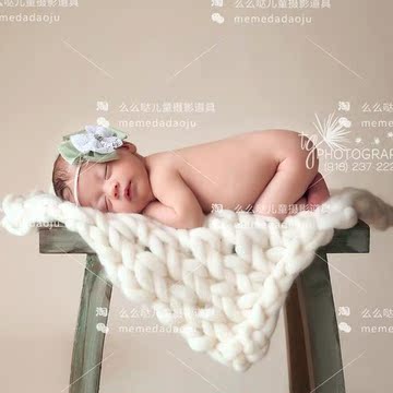 新款儿童摄影粗毛线羊毛方毯 新生儿宝宝拍照辫子 儿童摄影道具