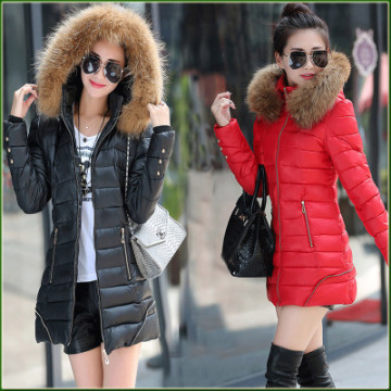 冬装2015新款韩版修身毛领羽绒棉衣女中长款大码加厚A字棉服外套
