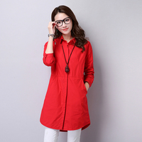 2015冬装新款韩版纯色长款加绒加厚衬衫女口袋长袖翻领打底衬衣棉