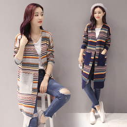 2016秋季韩版新款v领毛衣H版型气质中长款波西米亚图案针织开衫女