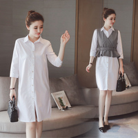 秋装韩版女装 OL气质收腰黑白格子背心马甲+长款衬衫上衣两件套装