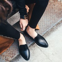韩版春季新品黑色真牛皮尖头女款女鞋方根低跟软皮女士皮鞋