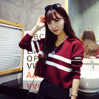 2015新款韩版学院风时尚潮流V领条纹宽松套头毛衣短款女装针织衫