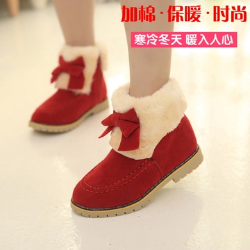 2015韩版女童毛口蝴蝶结短靴子冬季儿童保暖加厚雪地靴宝宝棉鞋