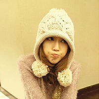 韩国时尚可爱大球球针织毛线帽子女士韩版潮尖尖帽冬天保暖护耳帽