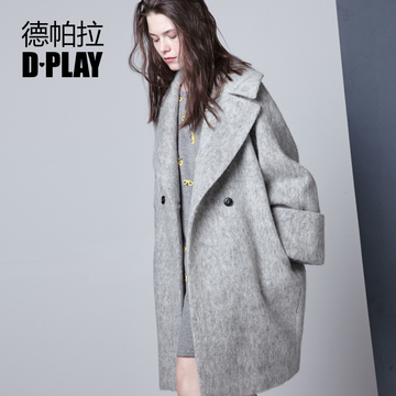 D－PLAY2015冬欧美宽袖大衣气质灰宽松廓形羊毛呢大衣保暖厚外套