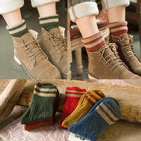 秋冬短袜保暖加厚中筒羊毛袜松口翻边二条杠堆堆袜复古短靴女袜子