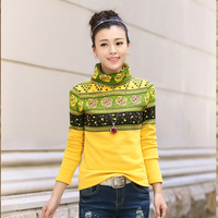 2015新款秋冬装韩版修身显瘦长袖女士T恤 高领印花加绒保暖打底衫
