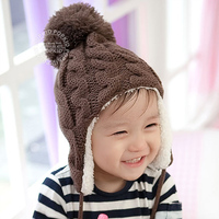 韩版秋冬季加绒加厚婴儿帽球球麻花双层宝宝针织儿童护耳毛线帽子