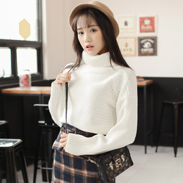 韩版冬装学院风宽松显瘦高领针织衫 长袖套头纯色廓形毛衣女装潮