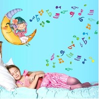 新款月亮音符女孩卡通墙贴 温馨儿童卧室客厅床头装饰画环保贴纸