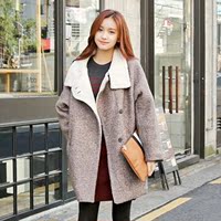 韩国代购2014冬装新款女装 羊羔毛拼接大码宽松加厚呢大衣外套
