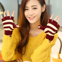 韩版新款可爱学生女冬季保暖半指毛线兔毛翻盖两用漏指半全指手套