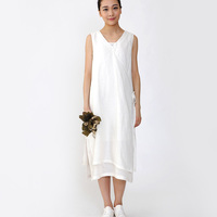 [不服]设计师原创 高端叶脉镂花麻料连衣裙 假两件白色仙女长裙