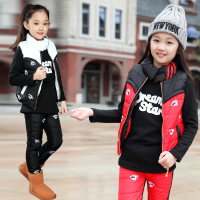 2015新款童装女童卫衣套装加绒加厚女孩马甲三件套儿童运动套装冬