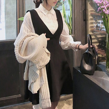 2015韩版新品秋装两件套连衣裙气质翻领蕾丝镂空荷叶袖衬衫+裙子