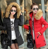 2016冬季新款韩版女装棉服纯色通勤长袖中长款连帽加厚修身棉衣