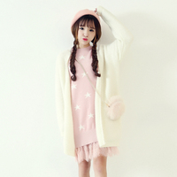 16春韩国设计师定制高档珍珠边加厚奶白色中长针织开衫外套女