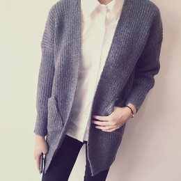 韩国2015秋冬新款纯色简约毛衣开衫中长款宽松针织衫外套女装M004