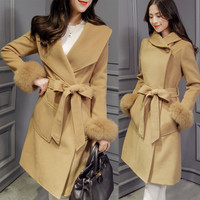 2015新款女装韩版时尚v领秋冬呢子大衣中长款修身羊毛呢外套女士