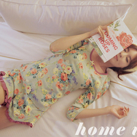 新款韩国PINK睡衣田园花朵公主夏季短袖短裤纯棉睡衣女家居服套装