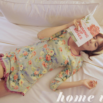 新款韩国PINK睡衣田园花朵公主夏季短袖短裤纯棉睡衣女家居服套装