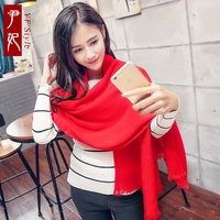 韩版针织围巾女冬季 长款保暖纯色学生毛线围脖大红披肩两用百搭
