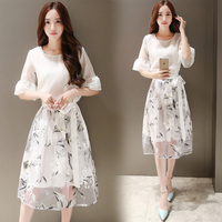 韩国唯品会2015夏装新款修身印花欧根纱中长款连衣裙两件套装裙女