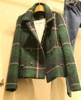 韩国代购秋冬新款女显瘦复古羊毛呢子大衣韩版修身短外套格子