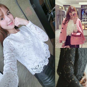 2016时尚韩国新款韩版气质镂空短款蕾丝上衣长袖女人味打底衫女夏