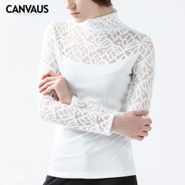 CANVAUS2016春新款高领镂空时尚打底衫女t恤纯色长袖FS28A