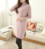 2015冬装新品 韩版口袋中长款高领针织毛衣女加厚纯色百搭打底衫