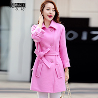 秋冬季新款韩版时尚系带双排扣羊毛呢子大衣修身显瘦女中长款外套