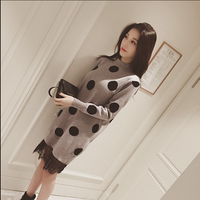 MIUCO欧美2015秋冬新款女装半高领长袖波点针织拼接蕾丝摆连衣裙