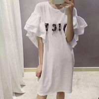 夏季新款女装韩版串珠字母荷叶边连衣裙甜美短裙子 个性T恤短袖棉