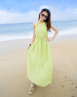 2015夏装新款 海边度假沙滩长裙修身无袖雪纺露肩挂脖仙女连衣裙