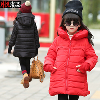 童装冬季韩版女童棉衣加厚保暖中长款织带手套手塞羽绒棉修身外套