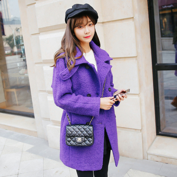 2015年冬装新款韩版时尚毛呢外套女中长款修身双排扣紫色呢子大衣