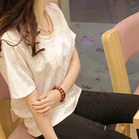 新款韩版夏装镂空蕾丝短袖t恤 女学院风宽松蕾丝衫上衣打底衫加厚