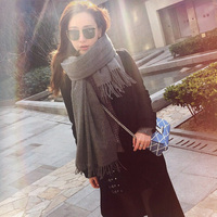 2015冬季韩版韩国纯色仿羊绒流苏围巾女新款保暖加厚超长两用披肩