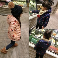 冬季时尚气质韩版可爱女童潮流樱桃图案连帽长袖棉衣甜美百搭外套